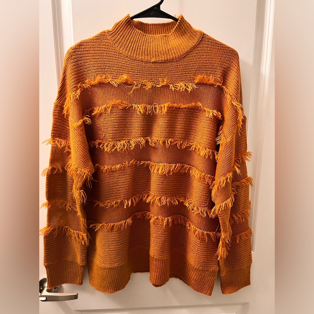 BKE Orange Cowl Neck Sweater with Frayed Detail